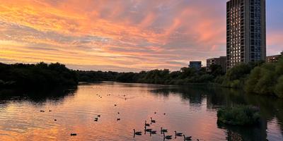 Hendon Waterside beside the Welsh Harp reservoir at dusk