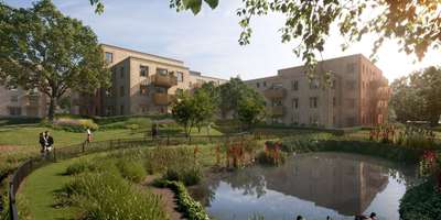 Computer-generated image of The Lanes apartment buildings beside a landscaped pond