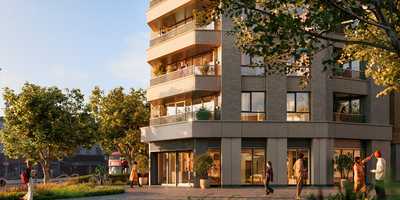 London Square Woolwich apartment building with trees and planting at street level
